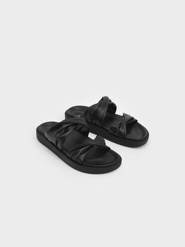 Twist Strap Padded Slide Sandals, สีดำ, hi-res