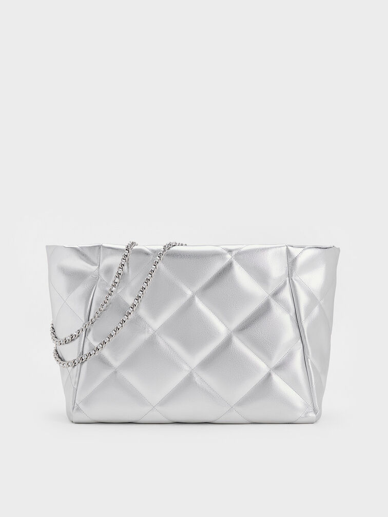 Apfra Metallic Quilted Chain-Handle Tote Bag, Silver, hi-res
