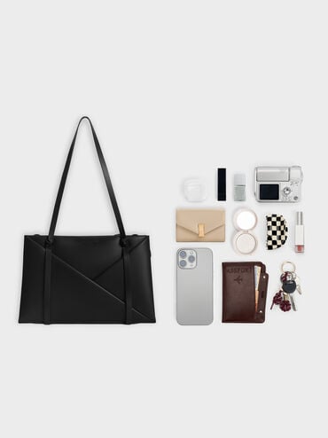 กระเป๋าโท้ททรงสี่เหลี่ยมผืนผ้ารุ่น Midori, สีดำอะไหล่สีเงิน, hi-res