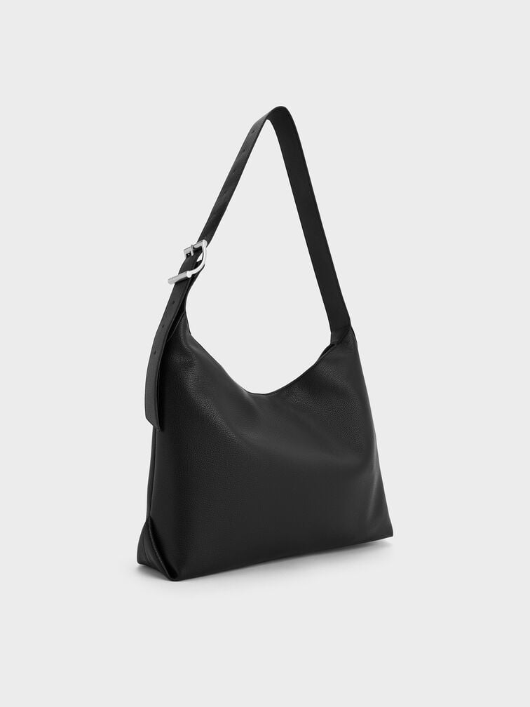 กระเป๋าโฮโบพร้อมสายคาดหัวเข็มขัดรุ่น Larsen, สีดำอะไหล่สีเงิน, hi-res