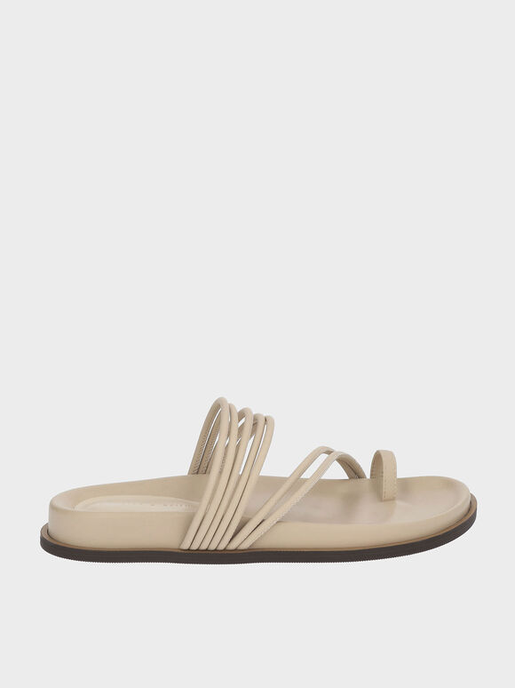 Toe Loop Strappy Flat Sandals, Beige, hi-res
