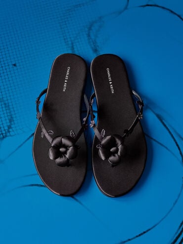 รองเท้าแตะหนีบประดับดอกไม้บุนวม, สีแบล็คเท็กซ์เจอร์, hi-res