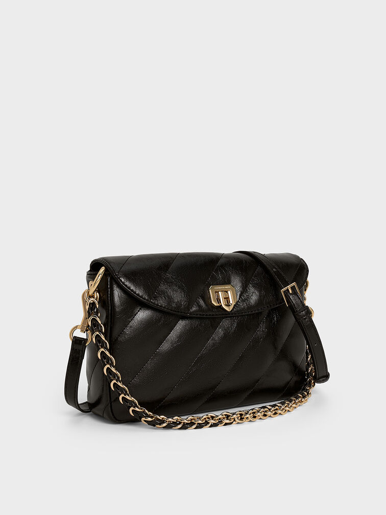 กระเป๋าสะพายไหล่ลายเส้นดีไซน์ที่ปิดด้านหน้ารุ่น Fawn, สีดำ, hi-res