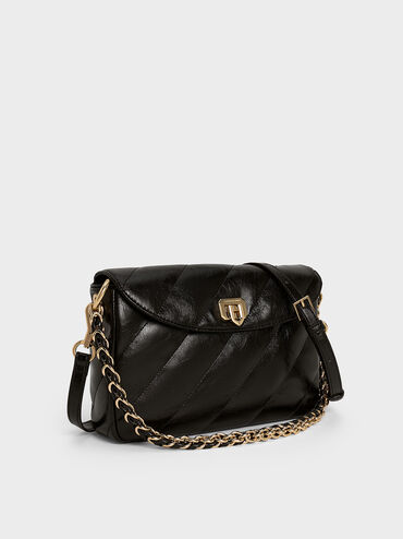 กระเป๋าสะพายไหล่ลายเส้นดีไซน์ที่ปิดด้านหน้ารุ่น Fawn, สีดำ, hi-res