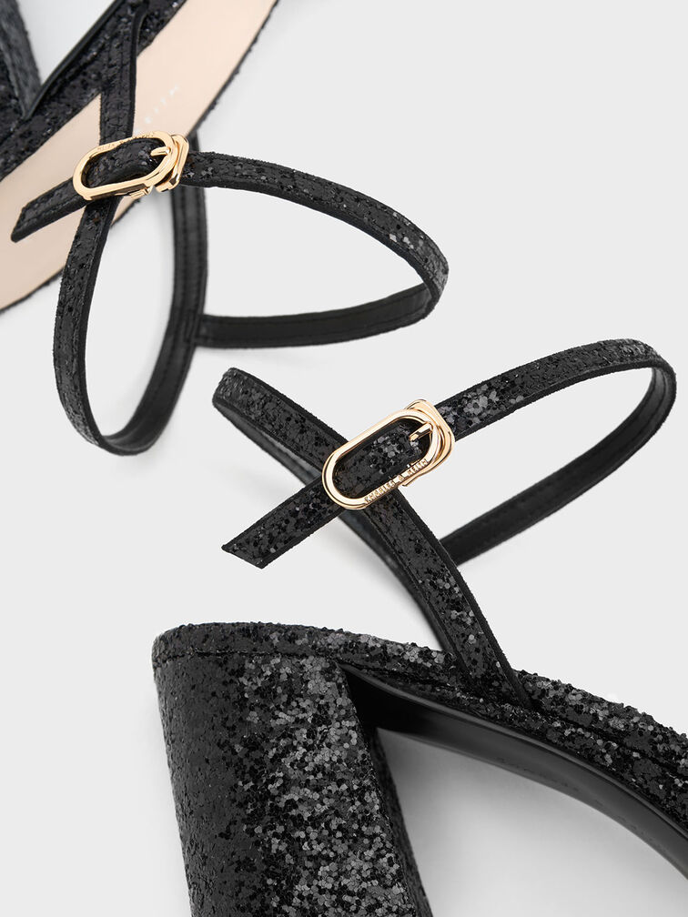 Glittered Ankle-Strap Platform Sandals, Black Textured, hi-res