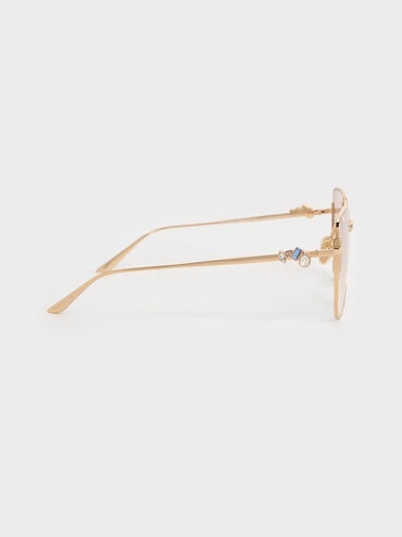 Crystal-Embellished Metal-Rim Butterfly Sunglasses, Light Gold, hi-res