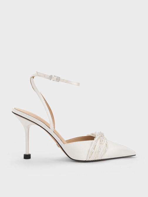 Beaded Satin Ankle-Strap Pumps, , hi-res
