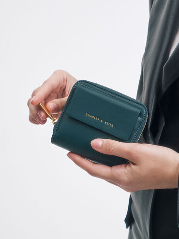 Front Flap Zip-Around Mini Wallet, Green, hi-res