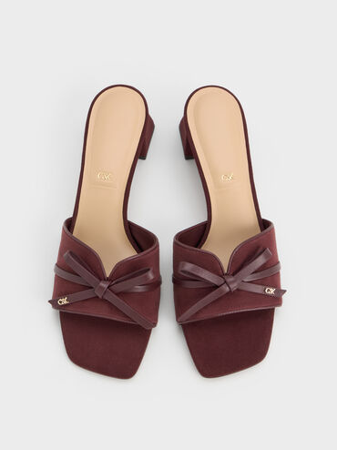 Leather & Suede Bow Heeled Mules, Burgundy, hi-res