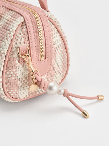 กระเป๋าโบว์ลิ่งลายตารางรุ่น Everleigh, สีชมพูอ่อน, hi-res