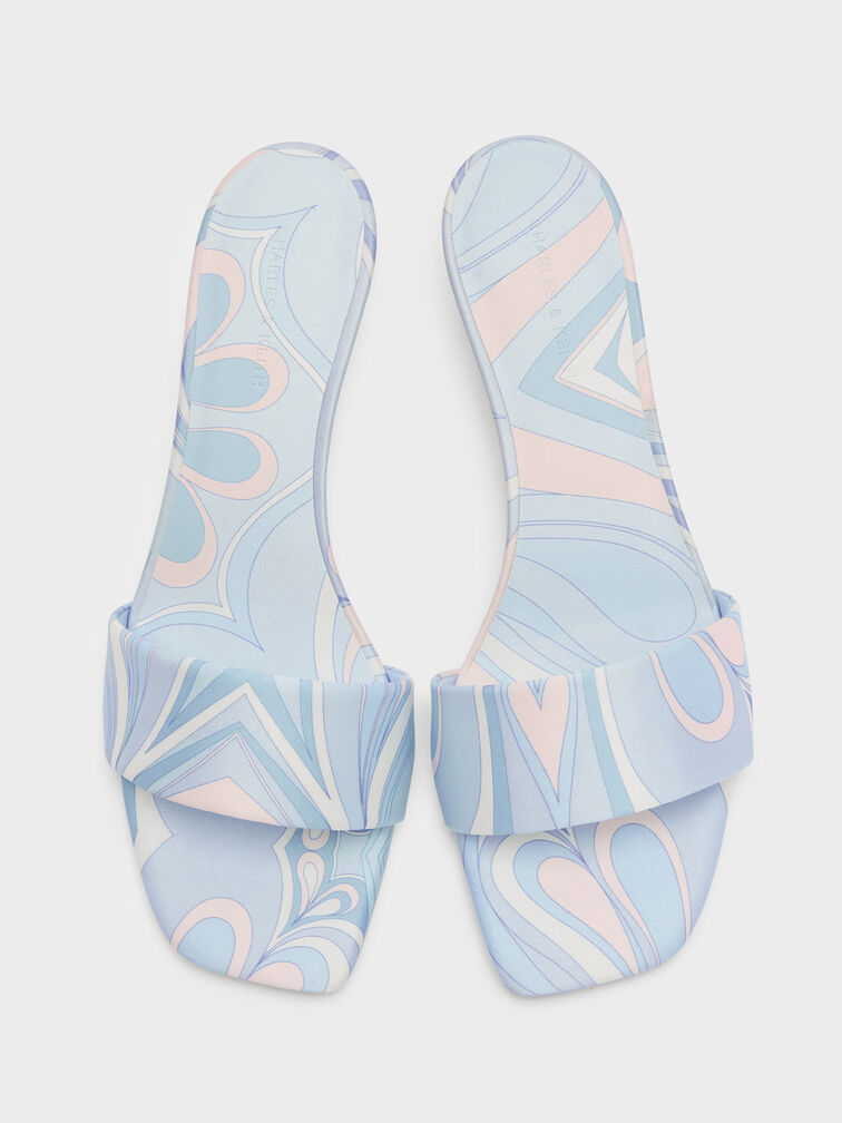Swirl-Print Kitten-Heel Mules, Light Blue, hi-res