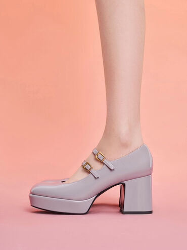 Patent Block Heel Mary Janes, สีไลแลคเกรย์, hi-res