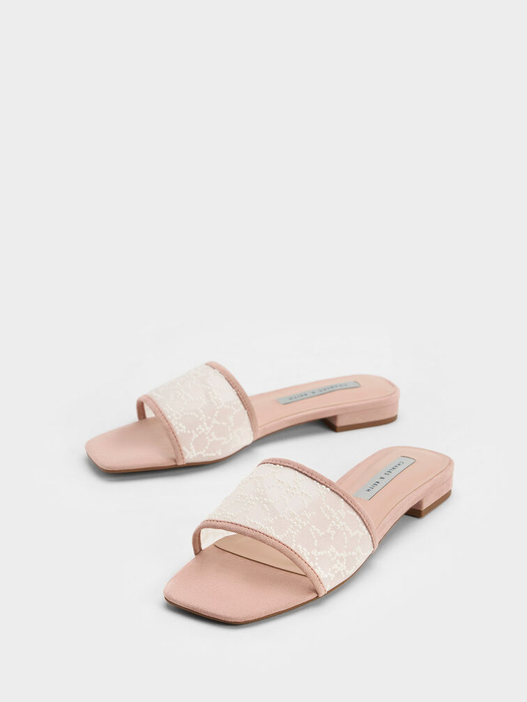 Bead-Embellished Mesh Flat Sandals, , hi-res