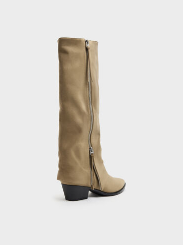 Aether Faux Suede Tassel-Zip Knee-High Boots, Khaki, hi-res
