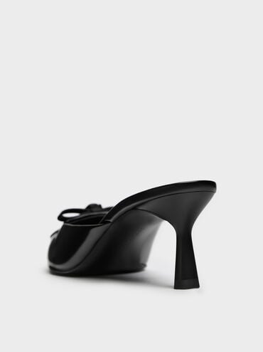 Rose-Bow Pointed Heeled Mules, Black Boxed, hi-res