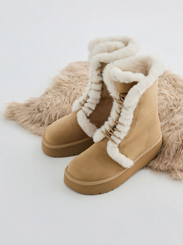 Faux Suede & Faux Fur Foldover Flatform Boots, Sand, hi-res