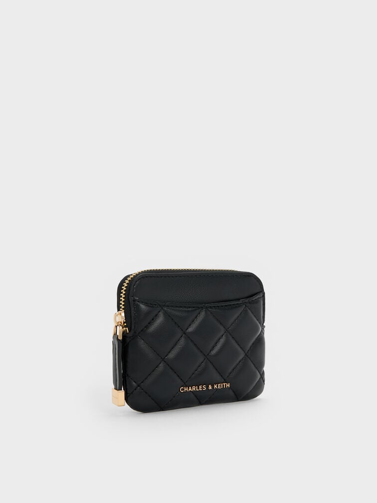 Alva Quilted Top-Zip Card Holder, Black, hi-res