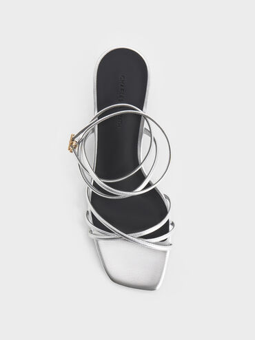 Metallic Strappy Ankle-Strap Kitten-Heel Sandals, Silver, hi-res