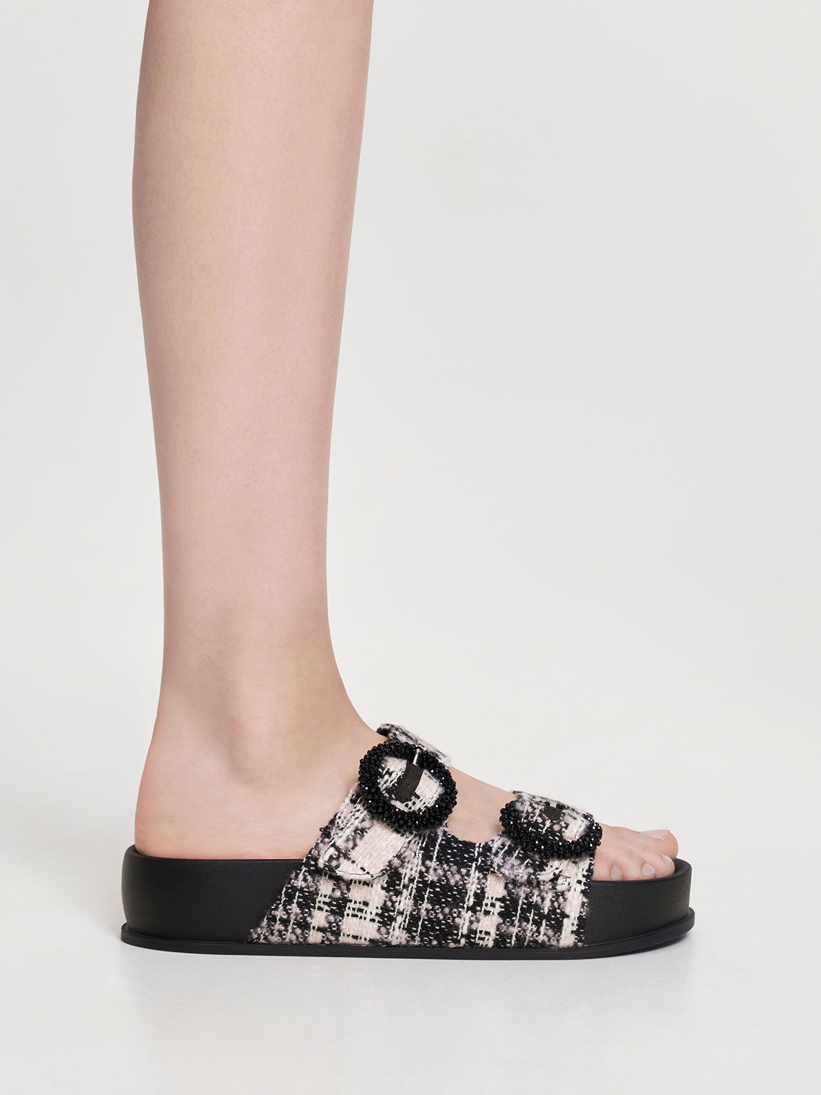 Pink Tweed Beaded Circle Slide Sandals CHARLES KEITH TH