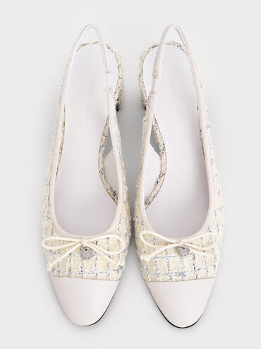 Tweed Bow Cap-Toe Slingback Pumps, Multi, hi-res