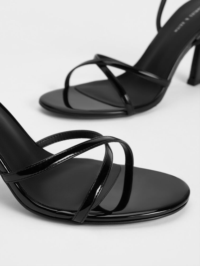 Patent Crossover-Strap Heeled Sandals, Black Patent, hi-res