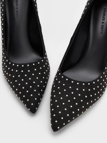 Faux Suede Studded Pointed-Toe Pumps, Black Textured, hi-res