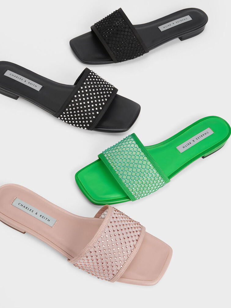 Gem-Encrusted Mesh Slide Sandals, , hi-res