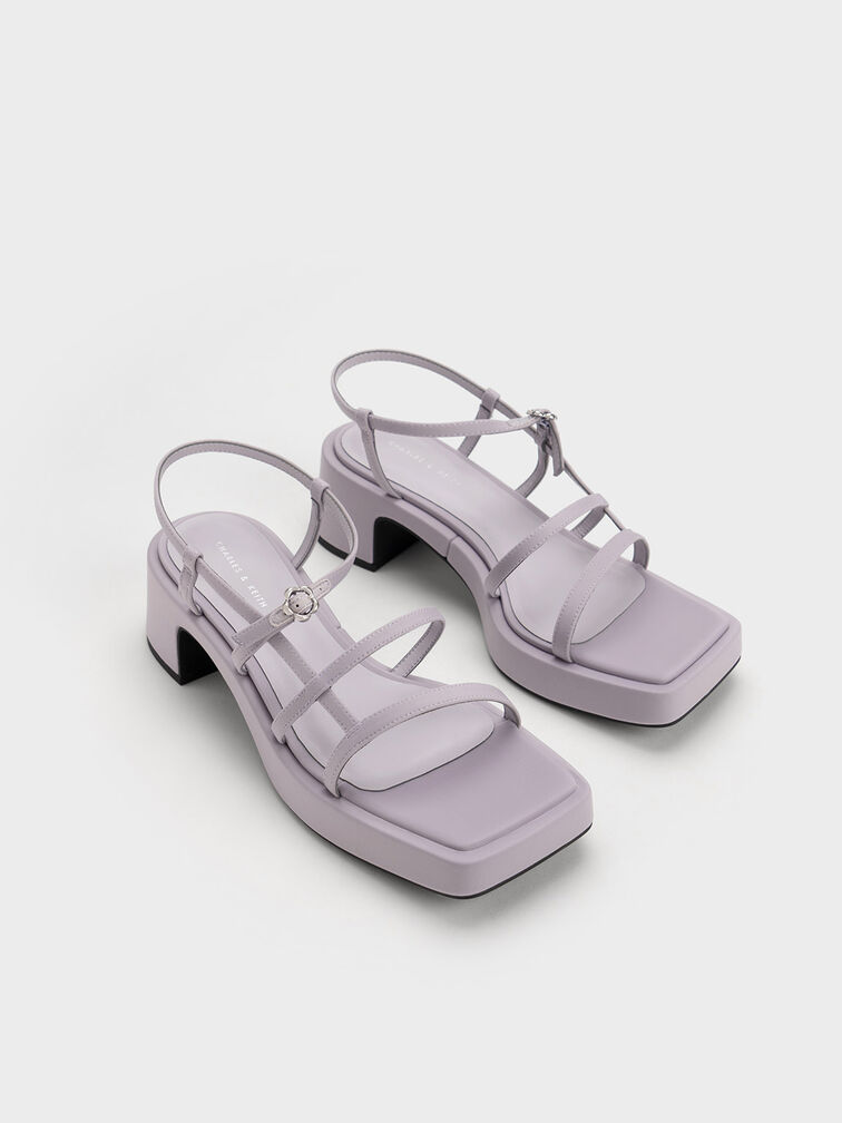 Flower-Buckle Strappy Sandals, สีไลแลค, hi-res