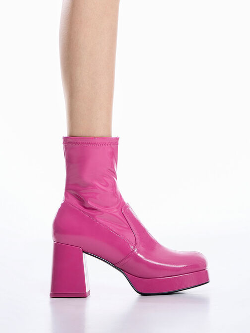 Patent Crinkle-Effect Block-Heel Boots, Fuchsia, hi-res