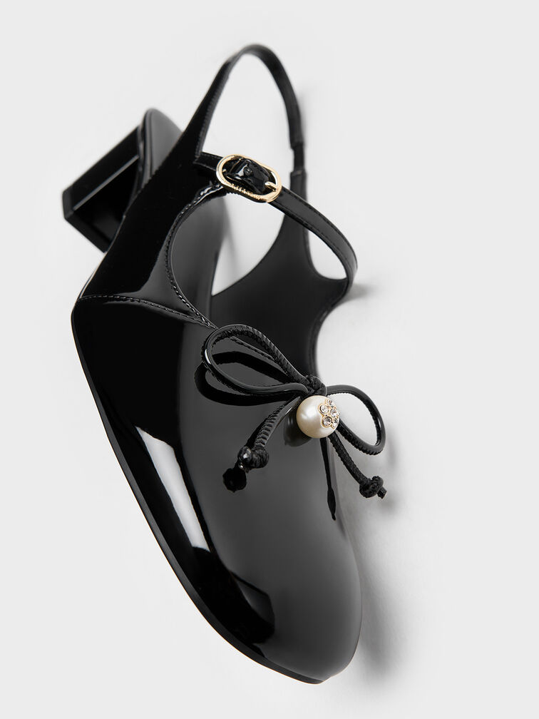 Patent Bow Crystal-Pearl Slingback Mary Jane Pumps, Black Patent, hi-res