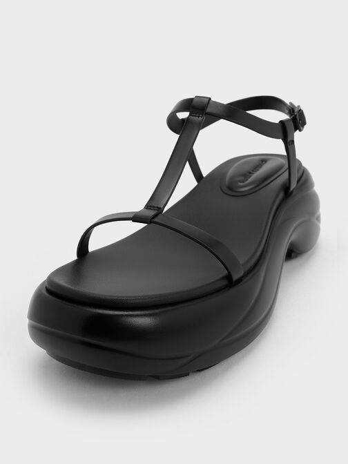 T-Bar Curved Platform Sports Sandals, Black, hi-res