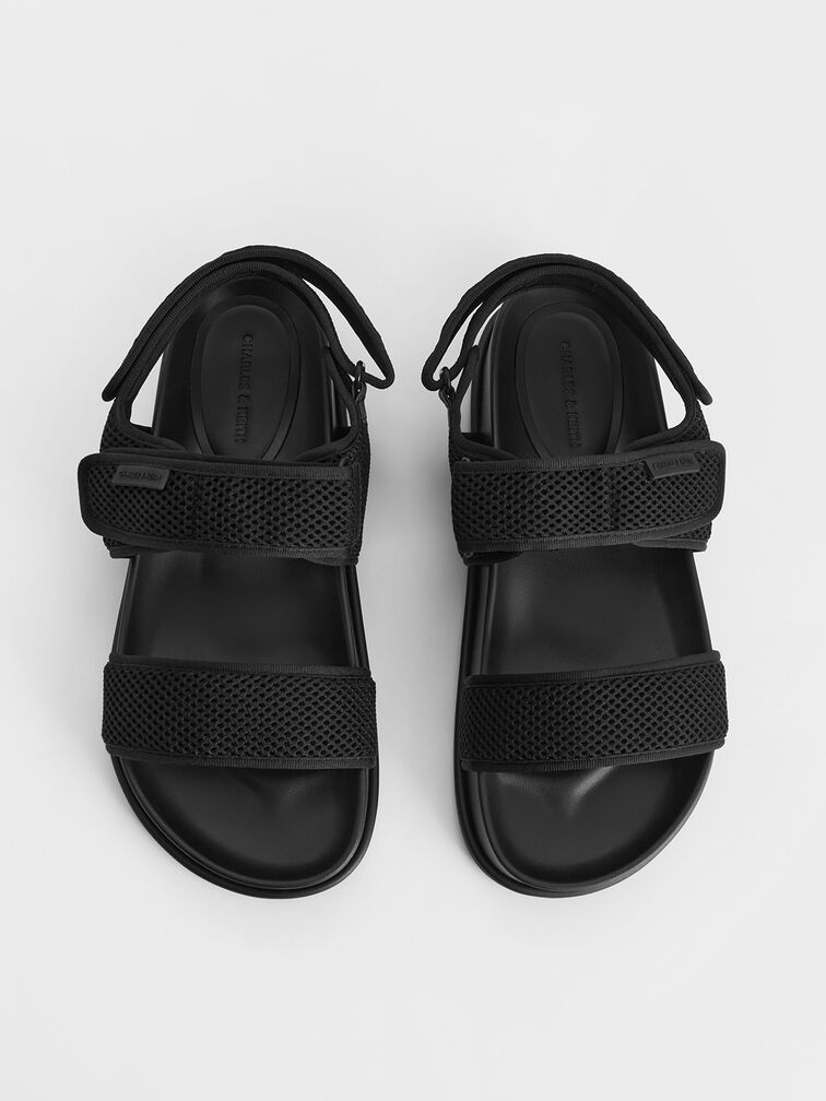 Mesh Double-Strap Slingback Sandals, Black Textured, hi-res