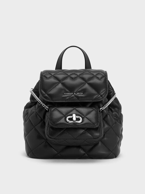 กระเป๋าเป้ลายควิลท์รุ่น Aubrielle, สีดำอะไหล่สีเงิน, hi-res