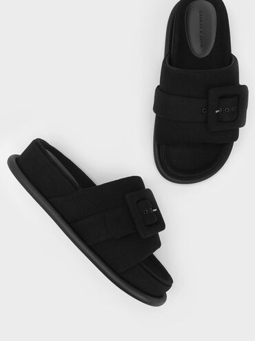 Sinead Woven Buckled Slide Sandals, สีดำ, hi-res