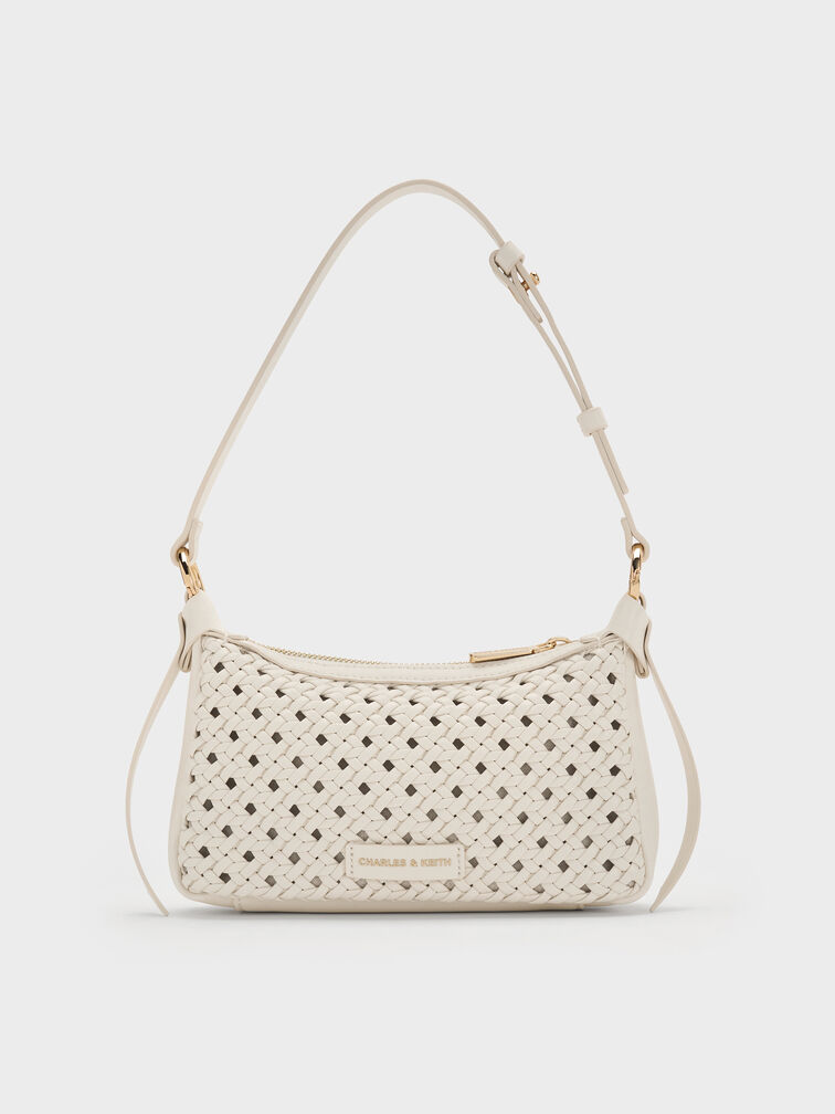 กระเป๋าสะพายไหล่ดีเทลงานสานขนาดมินิรุ่น Calla, สีครีม, hi-res