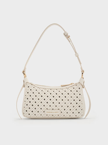 กระเป๋าสะพายไหล่ดีเทลงานสานขนาดมินิรุ่น Calla, สีครีม, hi-res