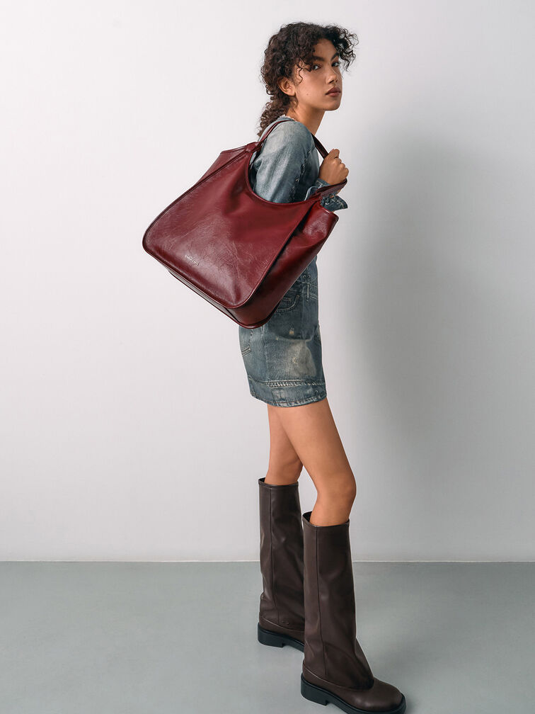 Sianna Crinkle-Effect Slouchy Tote Bag, Burgundy, hi-res