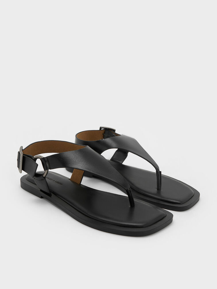 Wide-Strap Buckled Thong Sandals, Black, hi-res