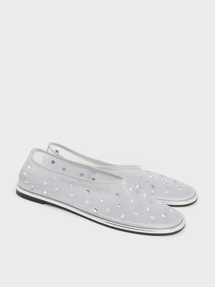 Mesh Gem-Embellished Ballet Flats, Silver, hi-res