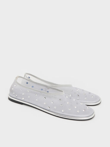 Mesh Gem-Embellished Ballet Flats, Silver, hi-res