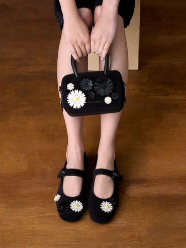 Polly Textured Mary Janes With Floral Charms, Black Textured, hi-res
