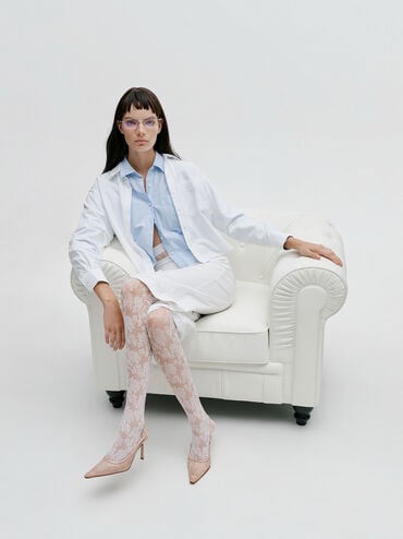 รองเท้าปิดส้นแบบมีสายรัดข้อเท้าดีไซน์ลูกไม้และผ้าซาติน, สีนู้ด, hi-res