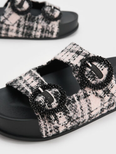 Tweed Beaded Circle Slide Sandals, , hi-res