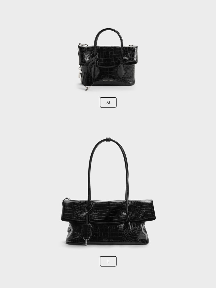 Aveline Croc-Effect Front-Flap Shoulder Bag, Black Croco, hi-res