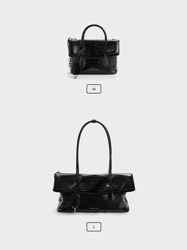 Aveline Croc-Effect Front-Flap Shoulder Bag, Black Croco, hi-res