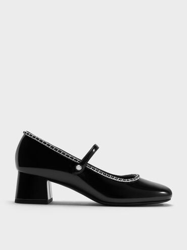 Braided-Chain Block-Heel Mary Jane Pumps, Black Boxed, hi-res