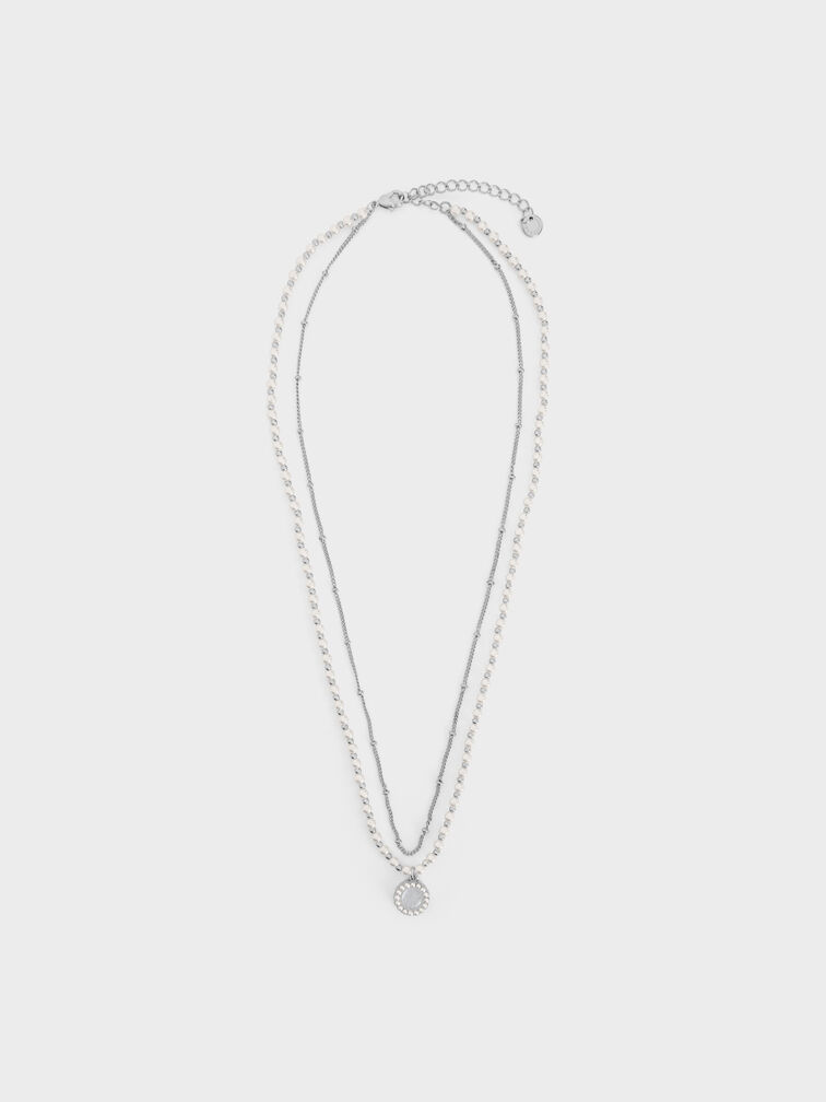 Pearl & Gemstone Double-Chain Necklace, Light Blue, hi-res