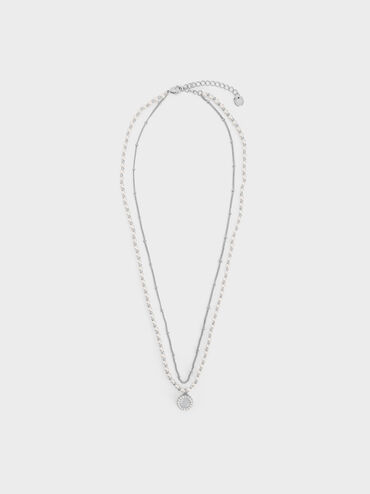 Pearl & Gemstone Double-Chain Necklace, Light Blue, hi-res