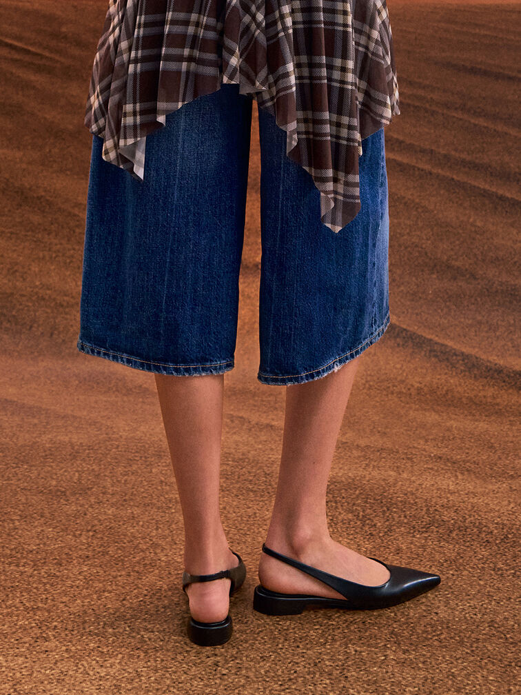 Pointed-Toe High-Vamp Slingback Flats, Black, hi-res