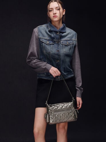 Duo Metallic Quilted Shoulder Bag, Pewter, hi-res